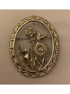 Flower Garden Brooch Rose Daisy Tulip Pin Or Pendant Oval Silver Tone